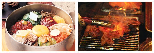 전주 비빔밥과 불에 직접 굽는 고기의 모습